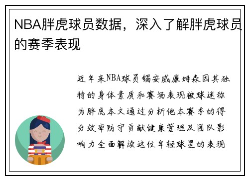 NBA胖虎球员数据，深入了解胖虎球员的赛季表现